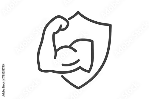 Minimalistic Thin Outline Shield Icon with Flexing Arm Strength Symbol, Vector Cartoon Illustration for Web, Graphic Design, Apps, Banners, and Social Networks