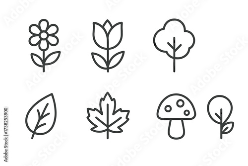 Simple linear nature and park icons with flowers, leaves, trees, and mushroom illustrations for graphic design and app concepts, clean vector cartoon style