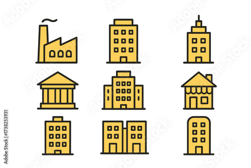 Yellow Buildings Icon Set, Filled Color Vector Illustrations. Minimalistic Linear Pictogram of Factory, Skyscraper, Bank, Shop, Apartment, and Office Buildings. Web, Apps, Banners, Social Media Design