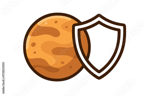 Protection shield planet icon. Solar system planet with shield symbol. Space safety and defense concept. Celestial body security illustration. Cosmic guard vector.
