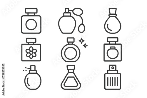 Elegant perfume collection thin line icons set, editable stroke vector illustrations for websites, apps, books, cards, transparent background, stylish cosmetic fragrance design