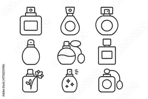 Minimalist perfume bottle outline icon set, editable stroke vector illustrations for web, books, cards, apps, transparent background, linear fragrance design collection