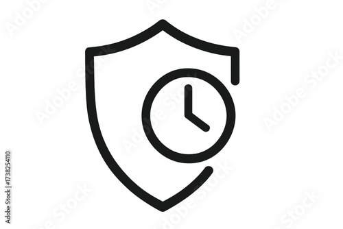 Protective shield with clock icon, minimalistic thin line design for security, time management, safety, reliability, web, apps, banners, social network, vector illustration