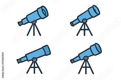Simple linear filled color icon of blue telescope on tripod stand for astronomy, stargazing, space observation, minimalistic design, web, apps, banners, social media, cartoon vector graphic
