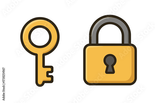 Simple key and lock icon, security concept vector illustration, cartoon style key with lock symbol for apps and graphics, transparent background, ordered set design for digital use