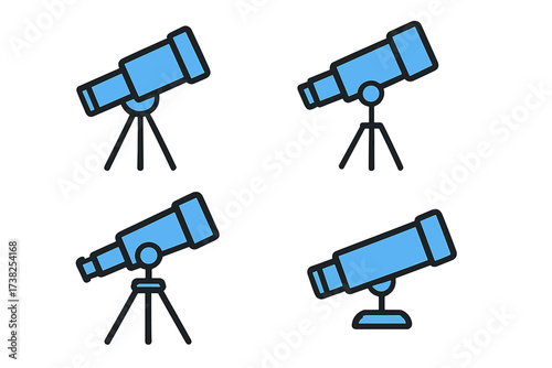 Minimalistic Blue Telescope Icon, Linear Filled Vector Design, Simple Cartoon Pictogram for Web, Apps, Banners, Social Media, Graphic Projects, Navigation and Exploration