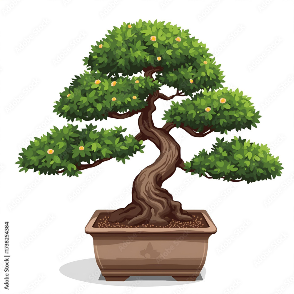 Fototapeta premium Artistically shaped bonsai tree with lush green leaves in a rectangular pot, symbolizing tranquility and nature's beauty.