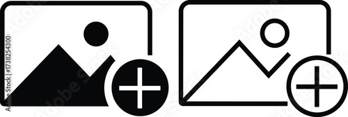 Gallery edit icon set in flat and outline styles. Photo add image vectors illustration. Picture editing symbol graphic design for media interface and mobile app isolated on transparent background.