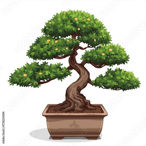 Artistically shaped bonsai tree with lush green leaves in a rectangular pot, symbolizing tranquility and nature's beauty.