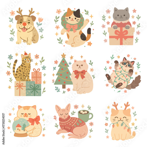 Adorable Flat Design Christmas Animals Collection: Cats and Dogs in Festive Holiday Costumes