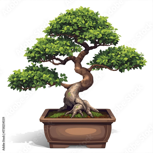 Artistically sculpted green bonsai tree in a simple pot, symbolizing nature and tranquility