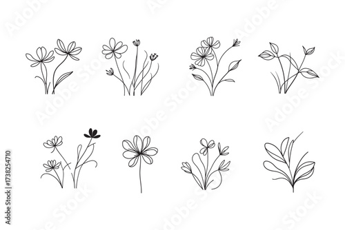 Elegant floral line art elements for modern design projects
