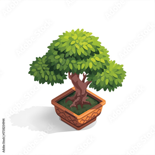 Stylized green bonsai tree in a decorative square pot, symbolizing nature and tranquility