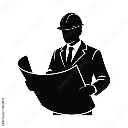 Silhouette of an architect reviewing blueprints wearing a hard hat and suit