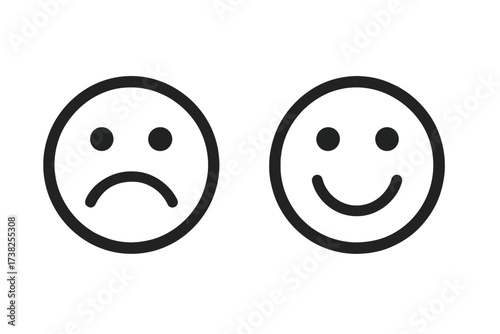 Happy and sad emoji. Line icon vector. Smile and frown face symbol. Mood, emotion, feedback, review concept. Good and bad. Like, dislike button. Satisfaction level. Mental health.