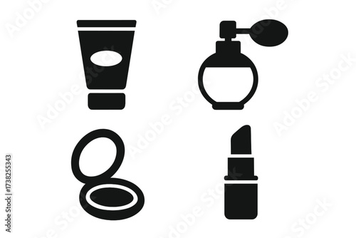 Cosmetic icon set vector glyph. Makeup and beauty products collection. Skincare, fashion, glamour symbols. Cream tube, lotion, perfume bottle, powder case, lipstick icons.