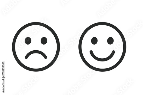 Happy and sad smiley face icon set. Mood, emotion, and feedback concept. Good and bad rating for customer satisfaction survey. Like and dislike vector symbol for web, app, and UI.