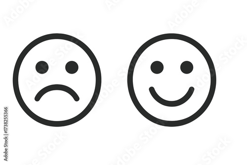 Vector happy and sad face icons. Mood emoji for customer satisfaction survey. Feedback symbol, good and bad rating. Like and dislike button. Emotion illustration.