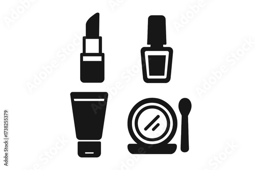 Cosmetics and makeup vector icon set. Beauty products silhouette collection. Lipstick, nail polish, face powder, cream tube. Flat glyph style for web, app, UI design.