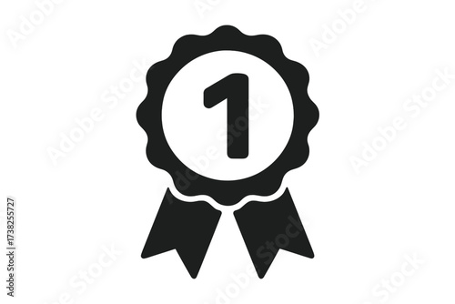 First place medal icon. Winner award symbol. Number one champion rosette with ribbon. Best quality guarantee badge. Achievement, success, and victory vector graphic element.