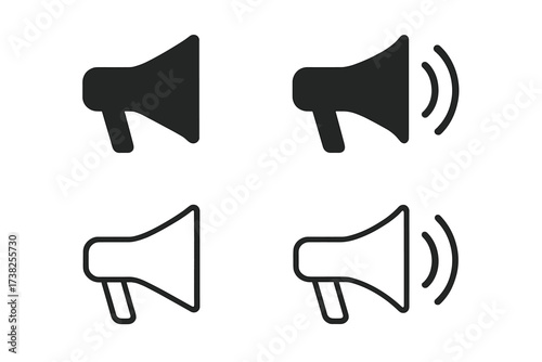 Megaphone icon set vector. Loudspeaker and bullhorn symbol for announcement, marketing, ads, and alert. Communication and speech concept. Flat and outline style illustration.