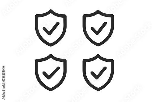 Security shield with check mark icon set. Safety, protection, and guarantee concept. Approved, verified, and certified symbol for web design, app, UI. Secure data and privacy logo.
