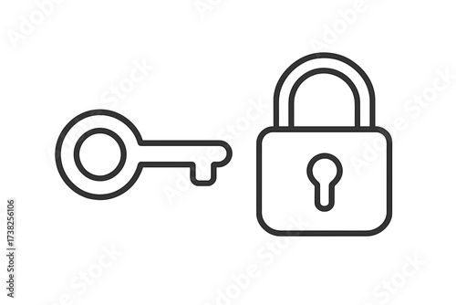 Vector Key and Lock Icon for Security Access and Protection Concept, Simple Black Outline Padlock and Key Symbol Design for Digital Safety and Privacy Security