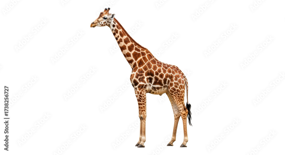 Obraz premium Isolated giraffe with brown and white spots, tall African animal with long neck