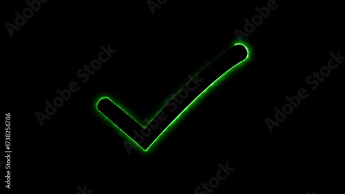 Glowing neon light check mark icon Distortion liquid style transition icon for your project. Check mark neon animation on transparent background.