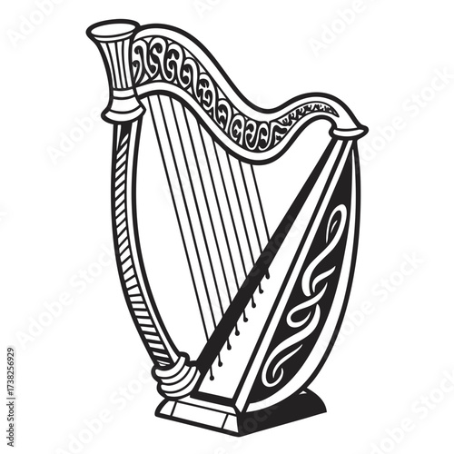 Illustration of an ornate irish harp