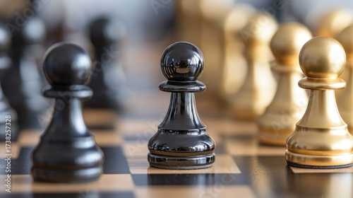 A chess board with black and white pawns on a wooden surface. The game is in progress, with the black pawn in the center and the white pawn on the right.