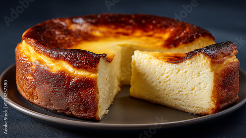 Traditional Basque Burnt Cheesecake with Golden Brown Crust and Creamy Interior on Dark Plate

