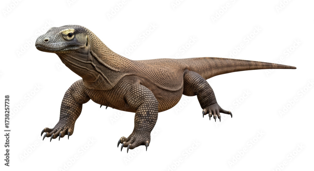 Fototapeta premium Isolated Komodo dragon standing with claws outstretched, ready to strike from the front view