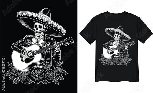 Mexican Skeleton Mariachi Guitarist with Sombrero and Roses