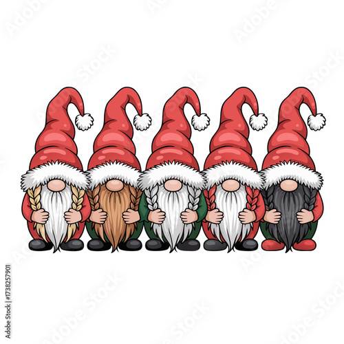Illustration of group of five cute christmas gnomes with red santa hats and long beards