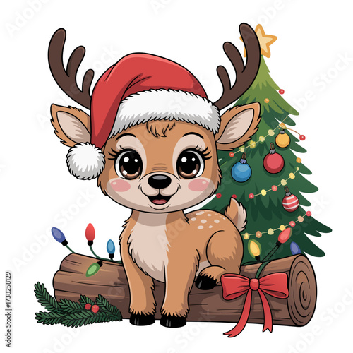 Illustration of cute baby reindeer wearing a santa hat, sitting on a log with christmas lights and a tree in the background