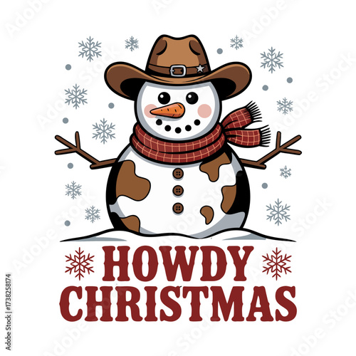 Illustration of funny cowboy snowman with hat and scarf