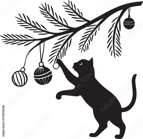 Vector silhouette of a curious cat playing with Christmas ornaments hanging from a branch