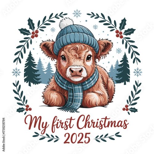 Illustration of cute fluffy calf wearing a blue knitted hat and scarf, celebrating its first christmas in 2025, surrounded by festive holly and pine trees