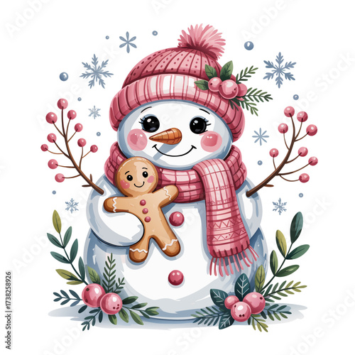 Illustration of cute watercolor snowman holding a gingerbread man