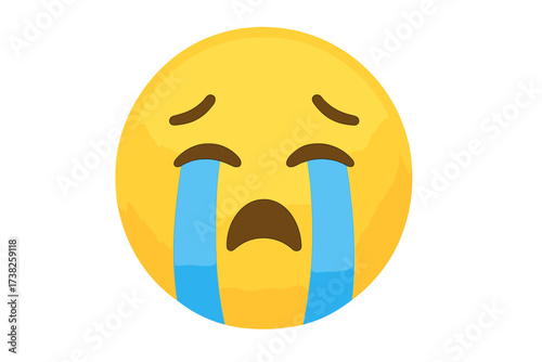 Crying face emoji. Vector icon of a sad emoticon with tears. Loudly crying smiley character illustration. Despair, sorrow, grief, and sadness concept. Unhappy symbol.
