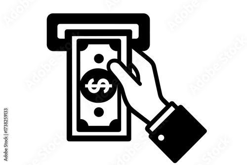 ATM withdrawal vector icon. Hand taking cash money from a bank machine. Financial transaction concept. Banking service for business. Dollar bill payment symbol. Finance illustration.