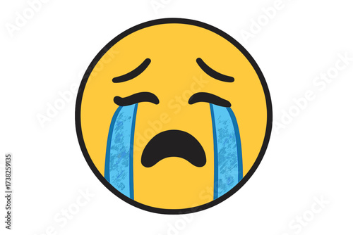 Crying face emoji. Sad yellow emoticon with tears streaming down. Vector illustration of a sobbing smiley character icon. Concept of sadness, grief, depression, and despair.