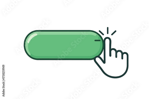 Hand clicking a blank green button. Web design element for CTA, buy now, add to cart, submit, or click here. Vector UI icon for e-commerce, mobile apps, and online shopping.