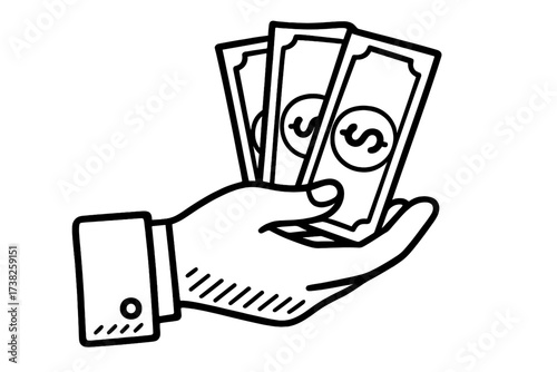 Hand holding money icon. Cash payment concept. Businessman with dollar bills. Vector line art illustration for finance, business, salary, credit, savings, investment or purchase.
