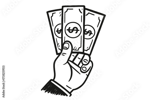 Hand holding money cash dollars. Payment concept. Businessman with banknotes. Financial success, salary or income symbol. Buying, paying or investment doodle vector illustration.