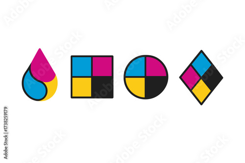 CMYK color model icon set for printing and graphic design. Vector illustration of cyan, magenta, yellow, and black ink drops and geometric shapes. Press color proof concept.