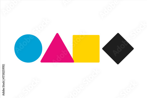 CMYK color model concept. Geometric shapes icon set with circle, triangle, square, diamond in cyan, magenta, yellow, black. Vector illustration for print design and theory.