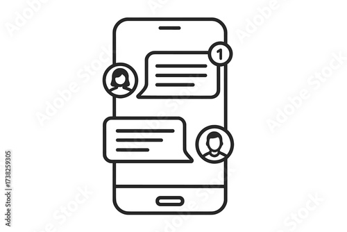 Smartphone chat message notification. Vector line icon of an online mobile conversation between two people. Dialogue on a messaging app screen with new message alert. Communication.