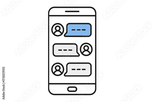 Chat message notifications on a smartphone. Online mobile conversation between people. Vector trendy outline phone illustration. Messenger app UI, social media communication.